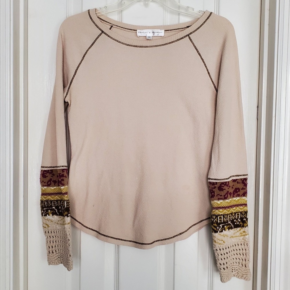 Chelsea & Theodore Thermal Top‎ Beige Crochet Knit Sleeve Boho Waffle Knit XS